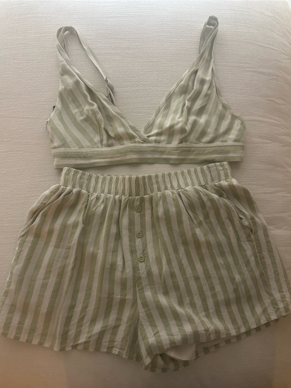 Forever 21 Light Green & White Striped Bralette and Shorts Set